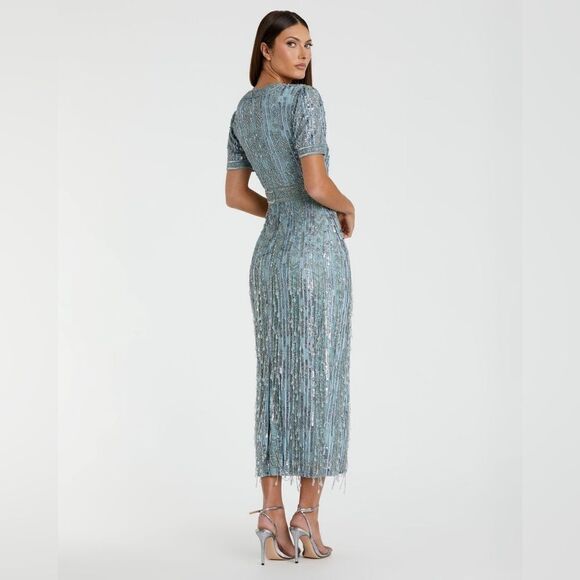 Mac Duggal 5980 Blue High Neck Short Sleeve Crystal Fringe Column Dress - Picture 4 of 15